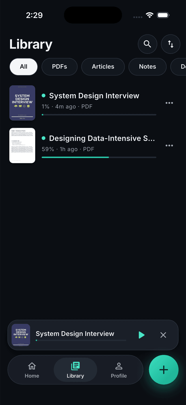 Library screen showing imported documents