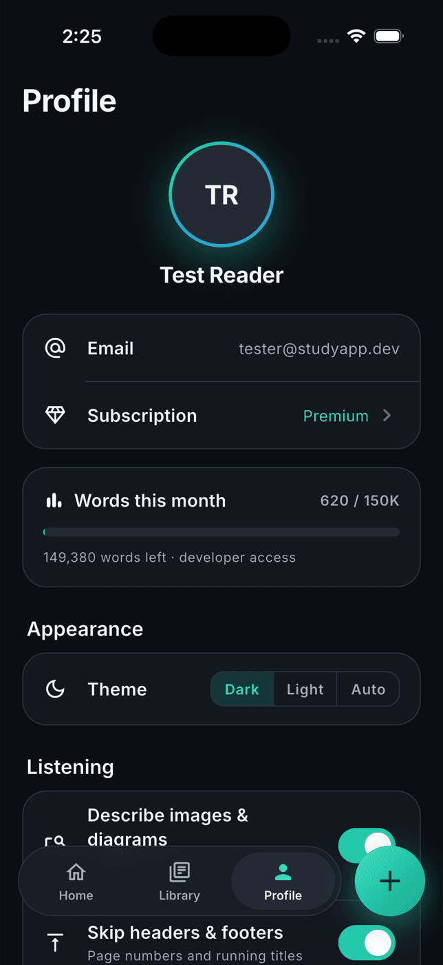 Study App profile screen